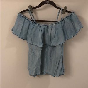 Skies are Blue Cold Shoulder/OTS Chambray Top
